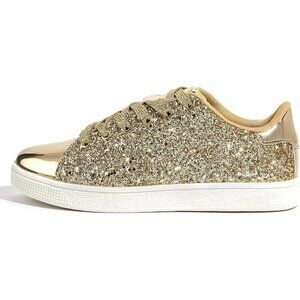 Brand New Women All Gold Rubber Glitter Sneakers Sparkly Fashion Lace Up Shoe